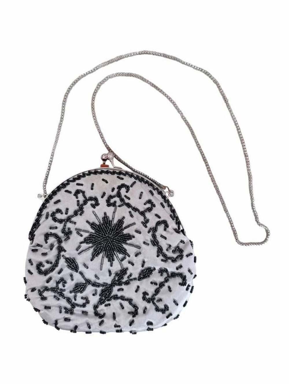 Vintage Walborg Silver Satin Black Beaded Evening Bag -